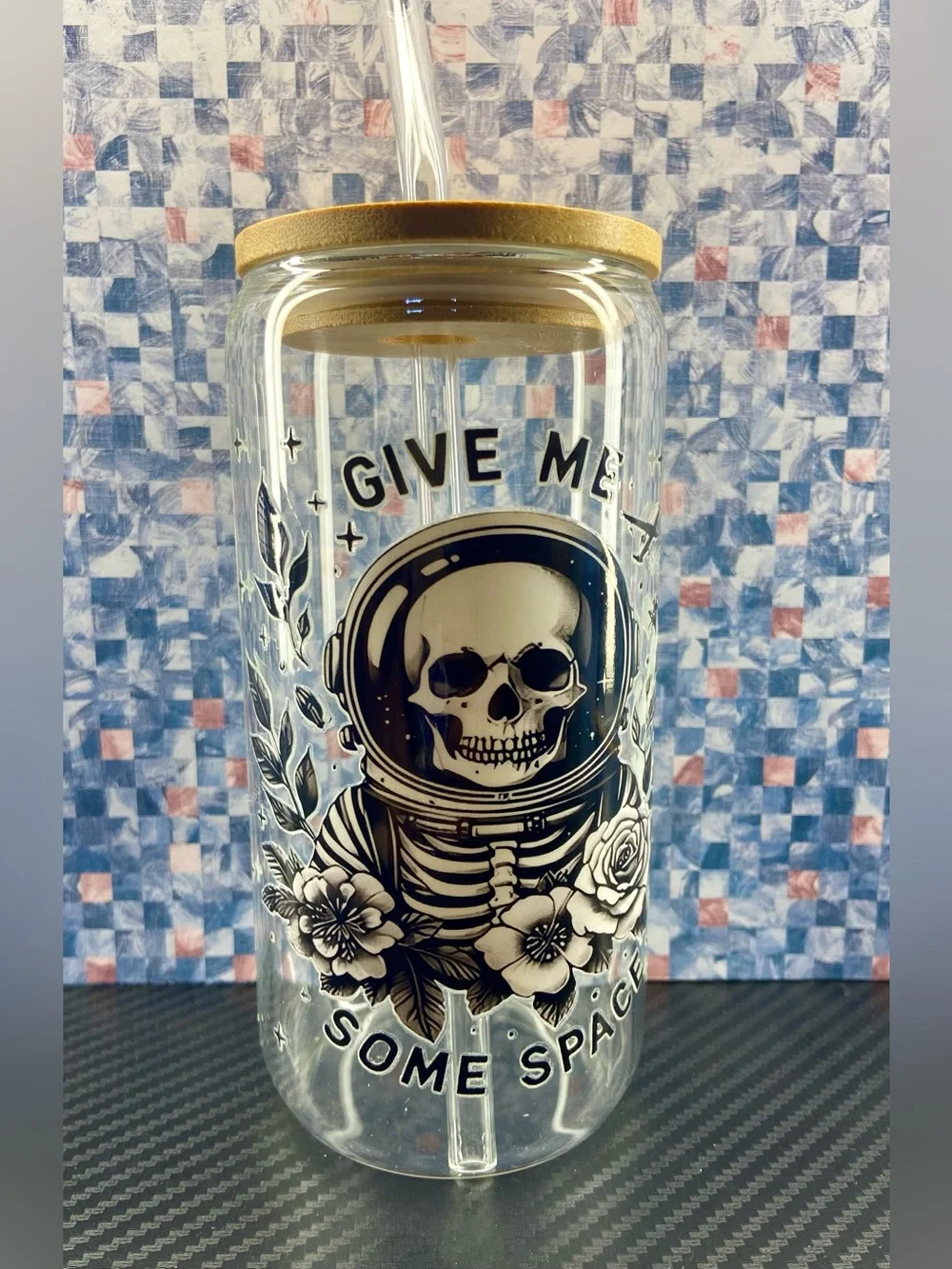 Clear Glass Tumbler with Black Astronaut Skull Graphic and Bamboo Lid